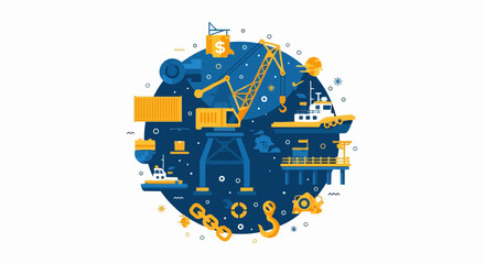 Fototapeta premium Global Logistics and Maritime Trade Vector Illustration: Industrial Port Concept with Ships, Cranes, and Containers for Supply Chain and International Commerce