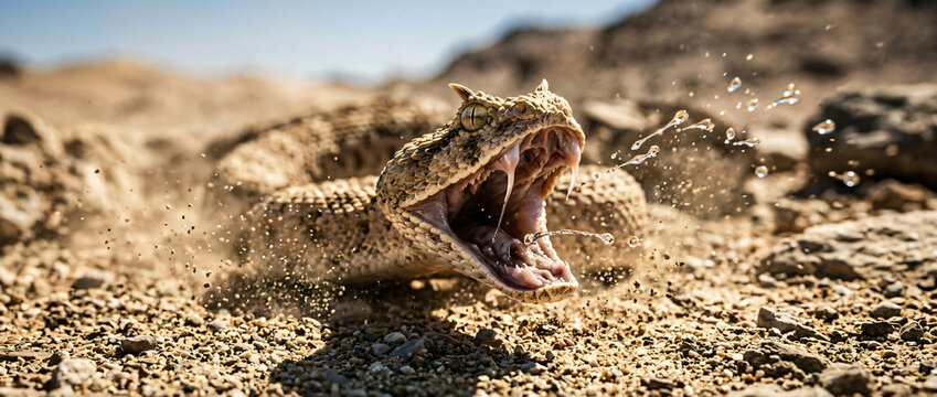 Horned viper snake striking in the desert with open fangs and spray
