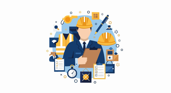 Construction Safety Inspector Vector Illustration - Occupational Health and Safety Manager with Clipboard and Industrial Icons for Quality Control