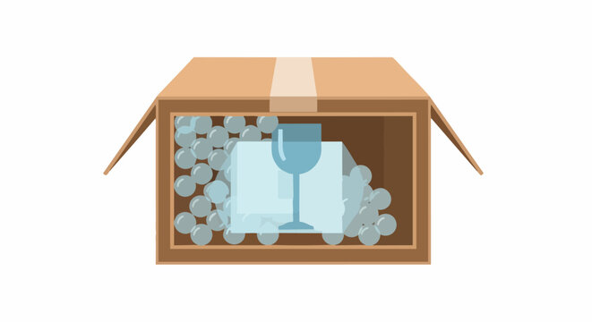 Cardboard Shipping Box Illustration with Fragile Glass and Bubble Wrap Protection - E-commerce Logistics Concept