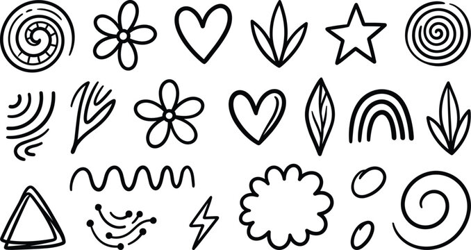 Hand drawn doodle vector elements set with cute hearts flowers stars spirals rainbows and abstract shapes for graphic design decoration