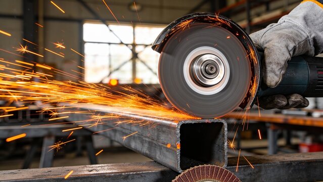 A close-up of a hand using an angle grinder on a metal pipe. Sparks fly from the cutting tool in a workshop setting.