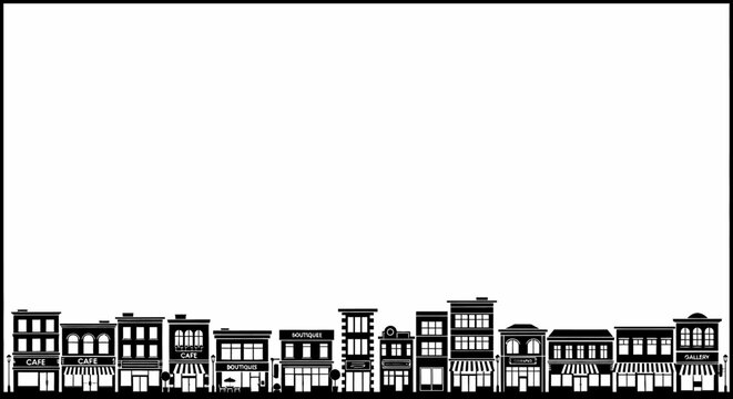 Black and white silhouette of vintage storefronts and buildings on a main street.