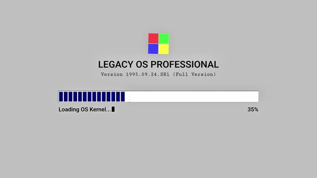 Vintage computer operating system boot sequence with progress bar and messages