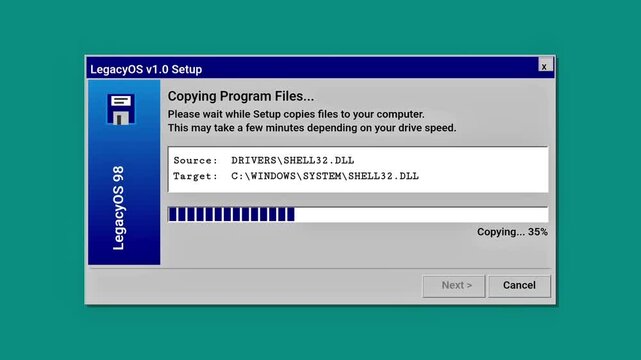 Retro computer screen showing LegacyOS v1.0 setup copying files progress bar