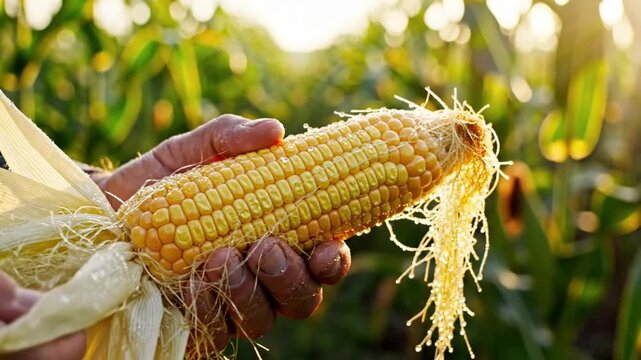 Farmer holds a fresh golden ear of corn ready to harvest from the farm field in the sunshine.