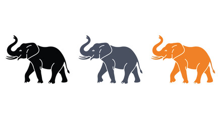 Obraz premium Three colorful elephant silhouettes walking in a row, black, gray, and orange