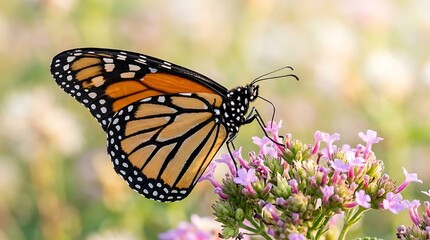 Obraz premium Monarch butterfly perched on blooming pink flowers in natural garden setting