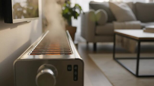 Heating up a modern space: close-up of a stylish electric radiator with steam releasing in a cozy living room setting