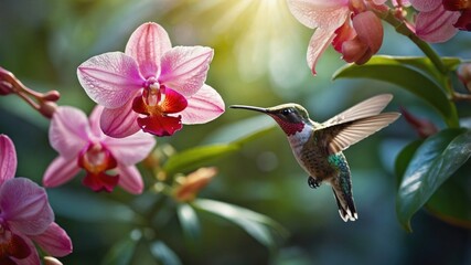 Obraz premium Hummingbird hovering near vibrant pink orchids in a lush garden, capturing the essence of nature's beauty