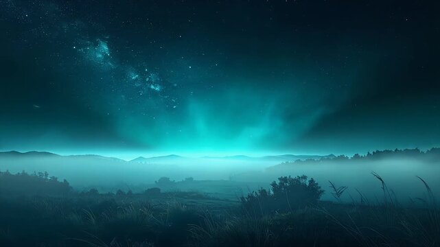 Deep space fog with cyan light emerging from one corner and mist drifting across shadowy depth