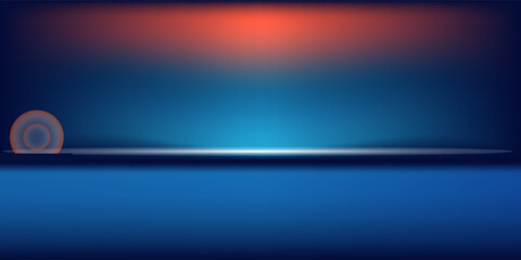 Studio background dark blue gradient neon light glowing bright floor and wall, empty room interior for display product in night tone and shiny surface for car, motorcycle, modern technology. © Faisol