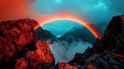 Fototapeta premium Vibrant rainbow arching over majestic mountains nature landscape photography breathtaking view serene environment