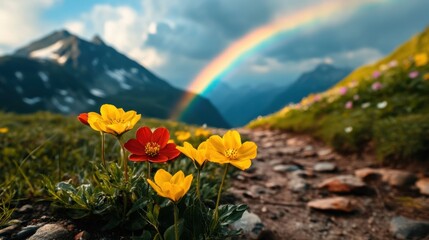 Fototapeta premium Vibrant wildflowers blooming along a mountain trail under a rainbow nature scene scenic landscape outdoor adventure