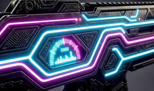 Futuristic sci fi weapon detail showing a glowing neon pink and blue electronic charging gauge with illuminated circuit lines on a dark metal gun