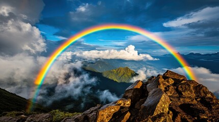 Fototapeta premium Vivid rainbow arching over majestic mountain peaks nature scene cloudy sky scenic viewpoint inspiring beauty