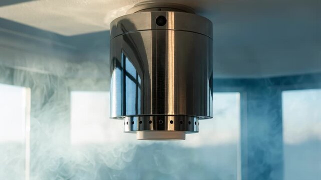 Medium frame focusing on a smart smoke detector ceiling unit with faintly blurred smoke visuals in the background symbolizing prompt hazard detection for residential safety.