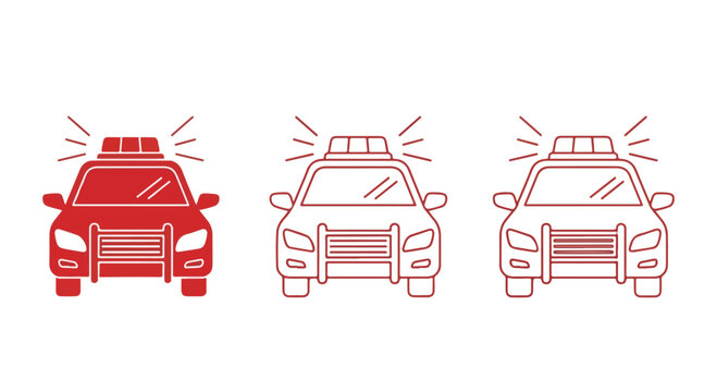 Police cars with flashing lights in red and white colors on a white background