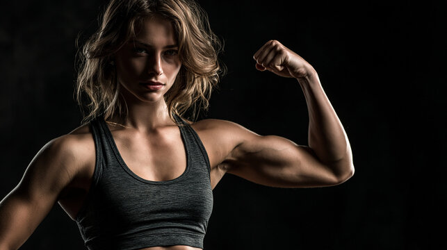 A beautiful healthy model woman has big muscle body , show her strong arm , black background.
