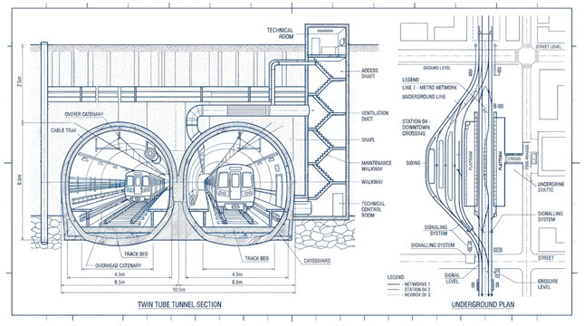 Blueprint of Underground Subway Train Tunnel Section and Station Plan