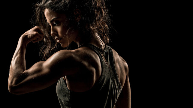 A strong woman show her back muscle , wearing black tank top , black background.