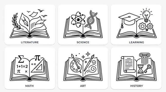 Education Icons: Open Books Illustrating Literature, Science, Learning, Math, Art, History