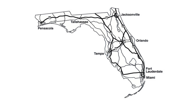 Florida Map with Major Highways and Cities - Outline Illustration