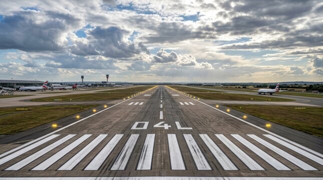 Airport Runway Perspective with Dramatic Clouds and Distant Aircraft.
