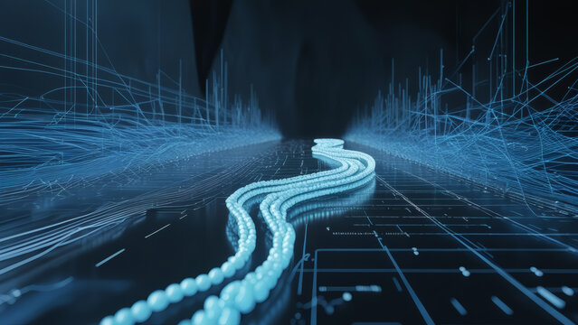 Abstract data stream representation with flowing glowing blue matrix spheres on a futuristic digital circuit road, 3D rendering