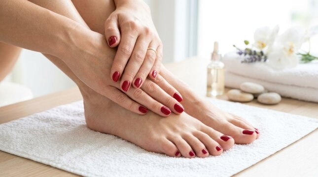 Beautifully manicured feet and hands with red nail polish.