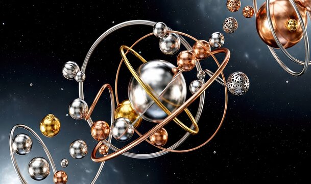 Abstract cosmic planetary model featuring metallic gold silver and bronze spheres with orbital rings floating in a dark starry space galaxy background
