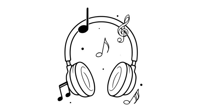 Adobe Illustrator ArtworkBlack and white line art headphones with musical notes isolated on white background