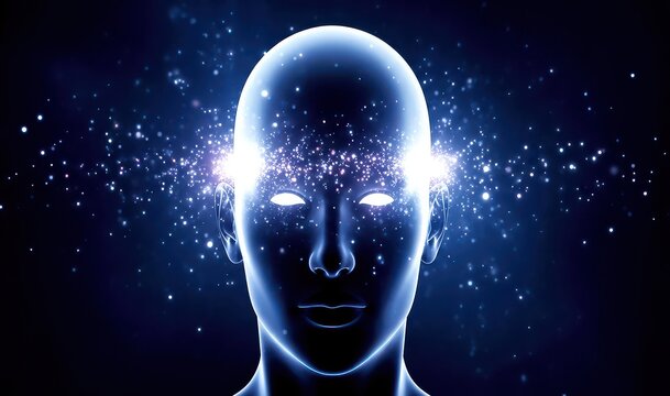 Futuristic humanoid head silhouette glowing in bright blue with sparkling particles radiating from the temples representing artificial intelligence and mind