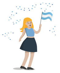 Chica de cuerpo entero de pie con bandera argentina y ropa celeste y blanca papelitos mundial de futbol © SofiaMartina