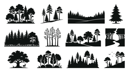 Obraz premium Black silhouettes of various trees landscape.