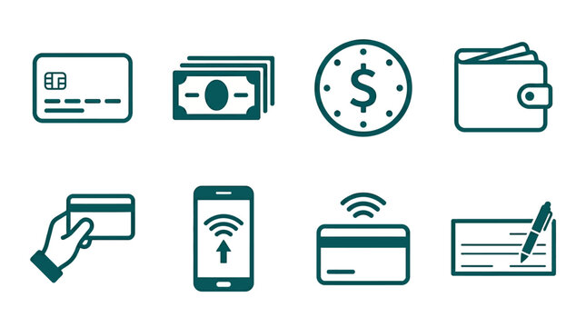 Various financial icons including credit cards, cash, and digital payment methods for transactions