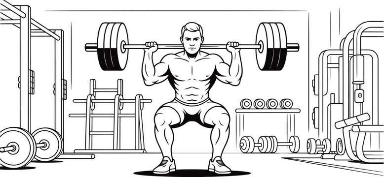Vector gym illustration, weightlifter doing squats, fitness workout, exercise equipment