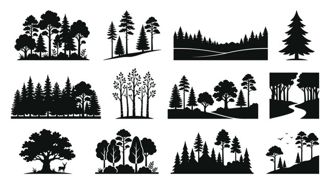 Black silhouettes of various trees landscape.
