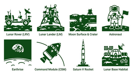Illustrations of lunar exploration elements including a rover, lander, astronaut, and Earth view © bhinar