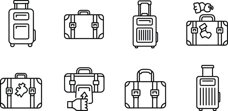 Suitcase Icon Set with Luggage, Tags, Passport Documents, and Suitcase Handle Accessories in Outline Style