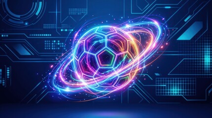 Naklejka premium Futuristic Neon Soccer Ball Orbiting in Digital Space.