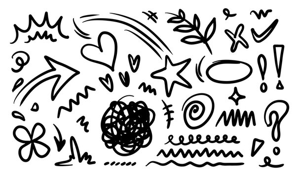 Hand drawn marker simple elements set. Doodle pen signs and effects. Simple thunderbolt, star, scrible, icons, heart, floral objects. Decorative pencil curved symbols and shape.