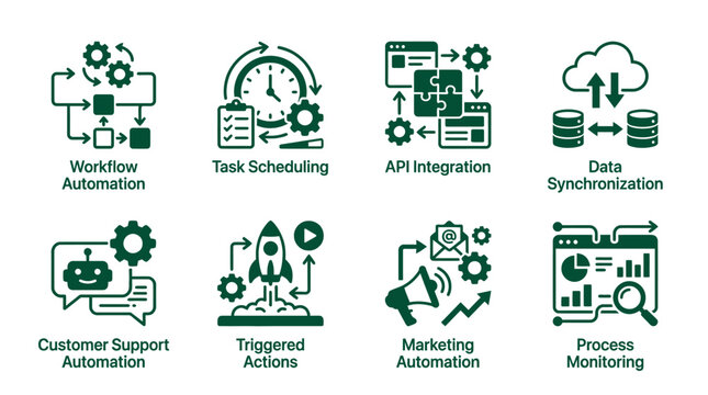 Set of eight business automation and digital process icons.