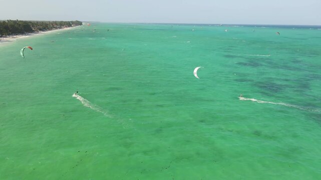 Aerial view of kitesurfers at paje beach zanzibar