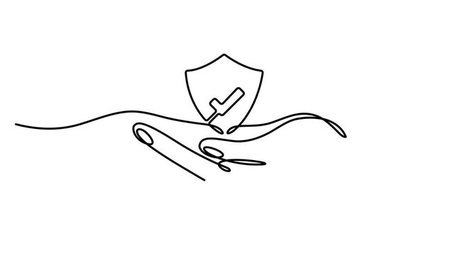 Animated self drawing of Continuous line drawing of a hand holding a shield with a check mark symbol, representing security, protection, and insurance concept. Full length one line animation. 4K video