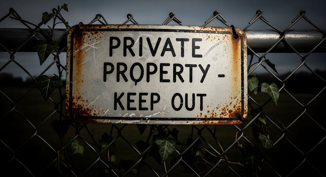 Rusted private property keep out warning sign mounted on a chain link fence