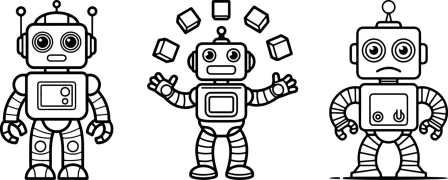 Cute retro toy robot characters line art set juggling boxes coloring book vector illustration