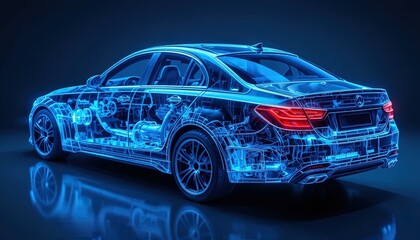 Fototapeta premium Futuristic electric car with glowing blue circuit patterns on dark reflective surface