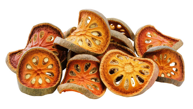 Isolated dried Bael fruit slices, commonly used in traditional herbal remedies and teas
