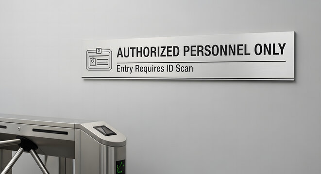 Authorized personnel only sign requiring ID scan above security turnstiles